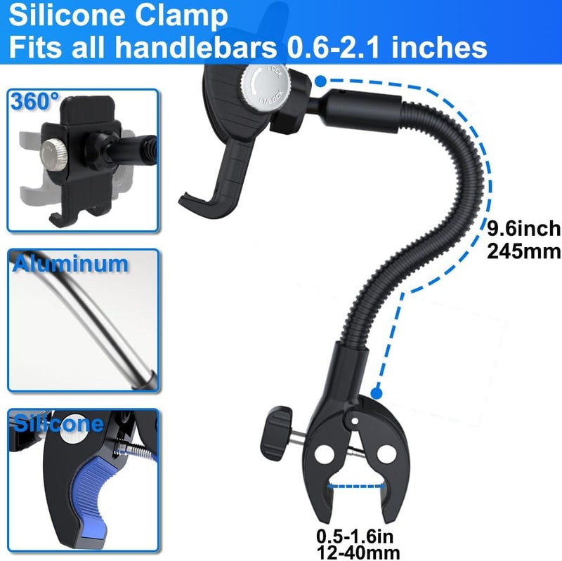 Cuxwill Phone Holder Spin Bike Mount, Goosencek Handlebar Clamp Holder Fit Peloton, Treadmill, Wheelchair, Indoor Exercise Bicycle, Mic Stand, Scooter, Stroller - Fit iPhone 15 Pro 14 13 & All 4-7" Cell Phone - Image 4